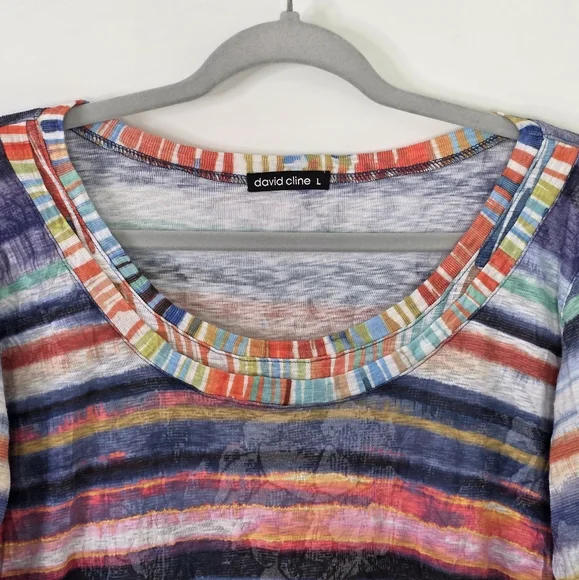 David Cline Crushed Sedona 3/4 Sleeve Crewneck Top Multicolored Striped Size L - Picture 2 of 8